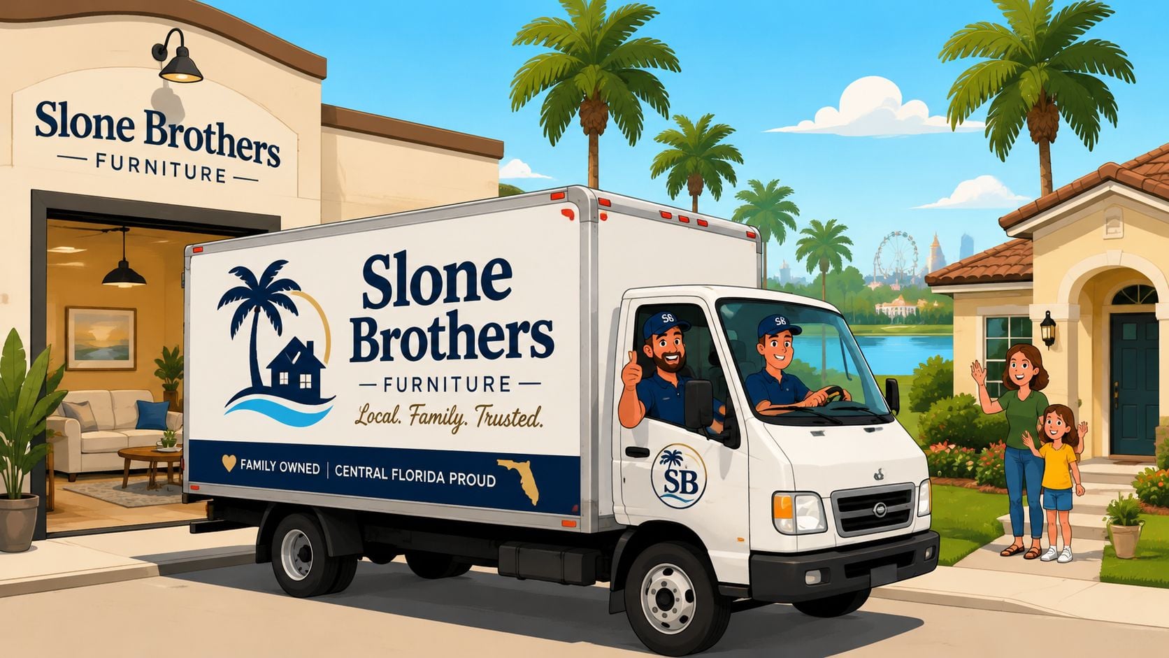 A Slone Brothers Furniture delivery truck arriving at a suburban home with smiling staff and customers.