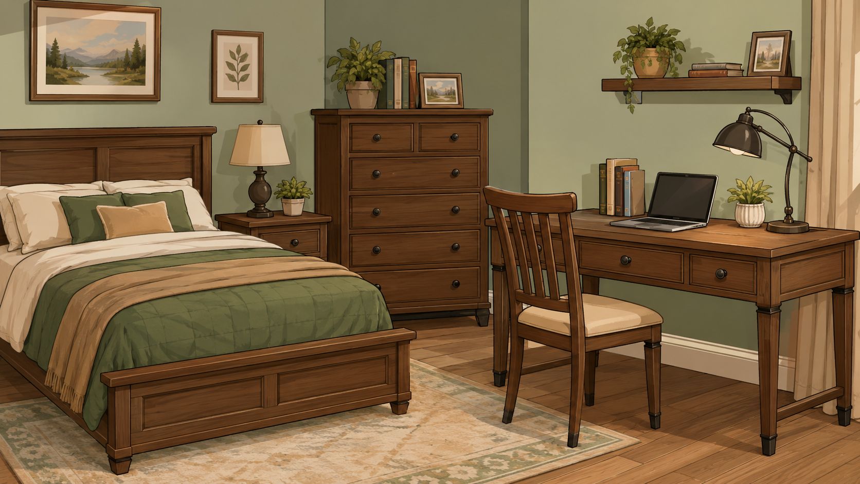 A cozy, vintage-style bedroom with a wooden bed, dresser, and a writing desk equipped with a laptop.