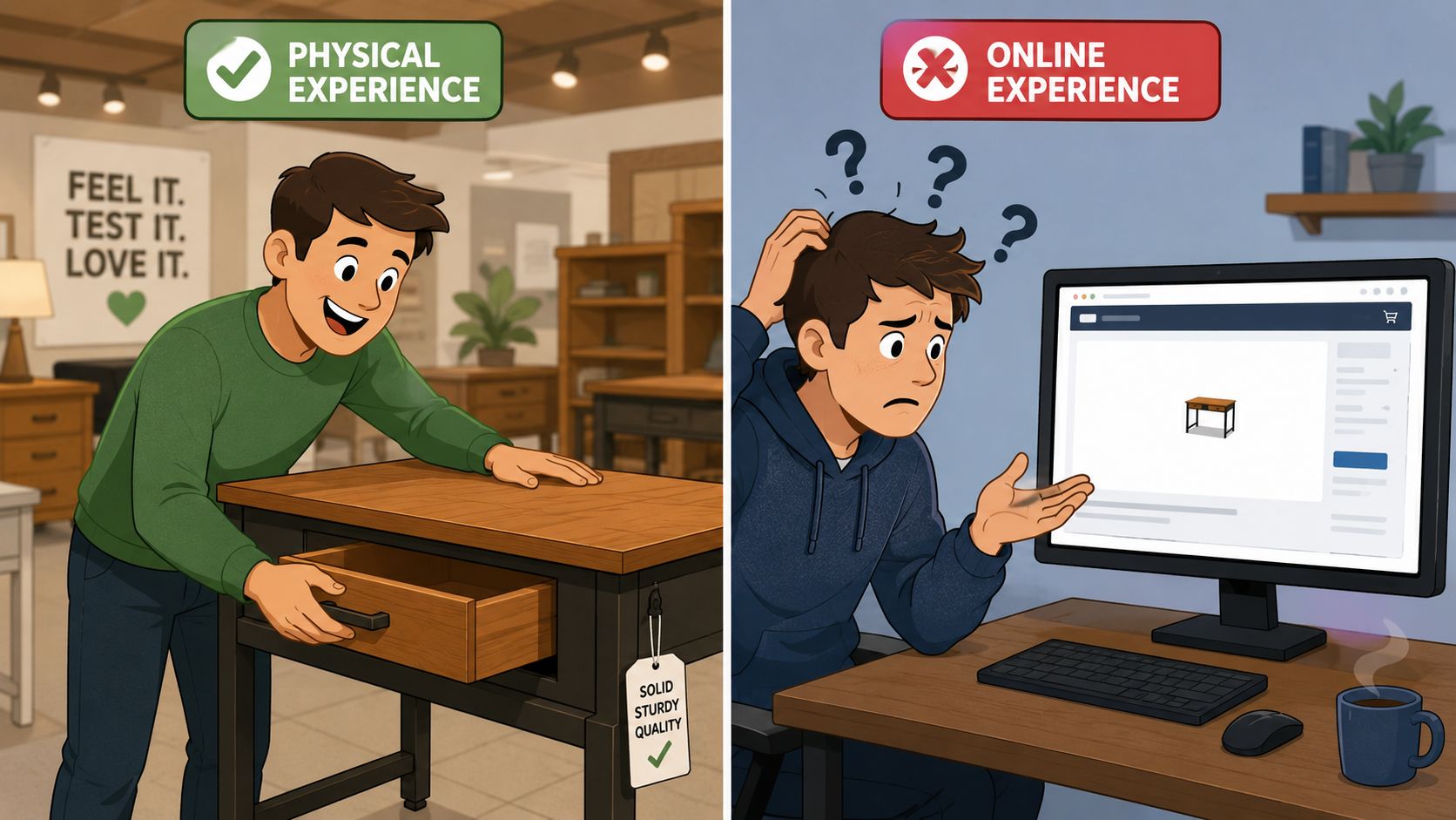 A comparison showing a happy man testing a physical desk versus a confused man shopping for desks online.