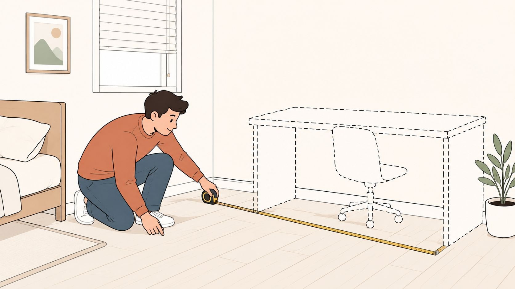 A person kneeling on the floor measuring the space for a future desk in a bedroom.