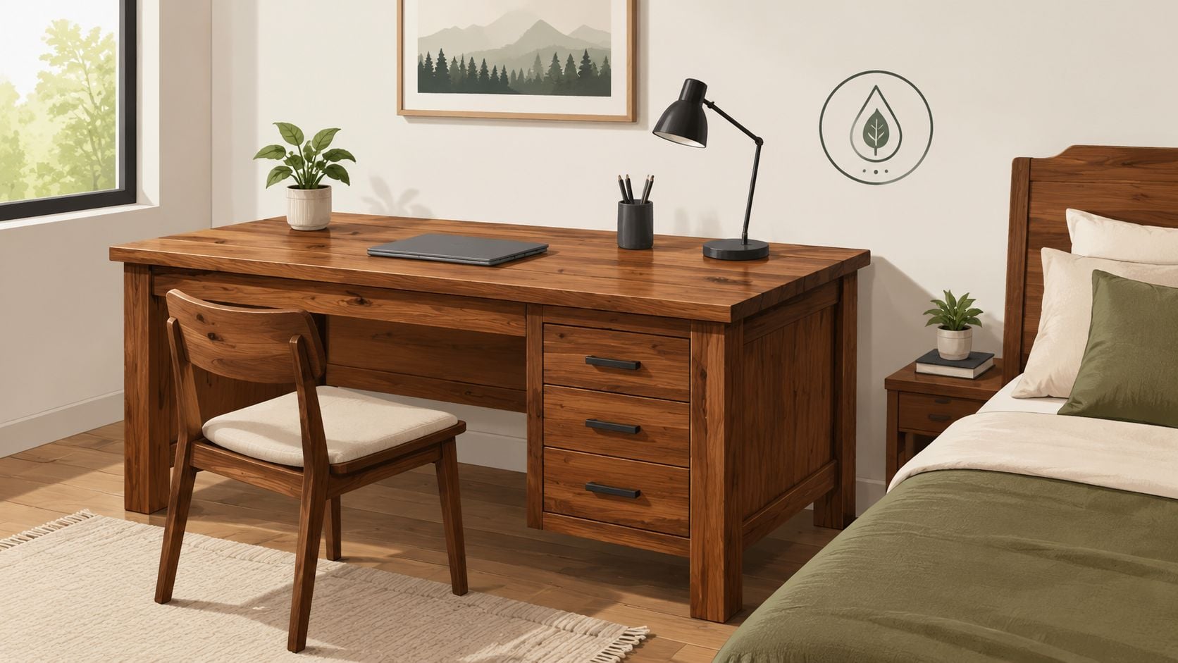 A rustic wooden writing desk with a matching chair in a cozy, sunlit bedroom with green accents.