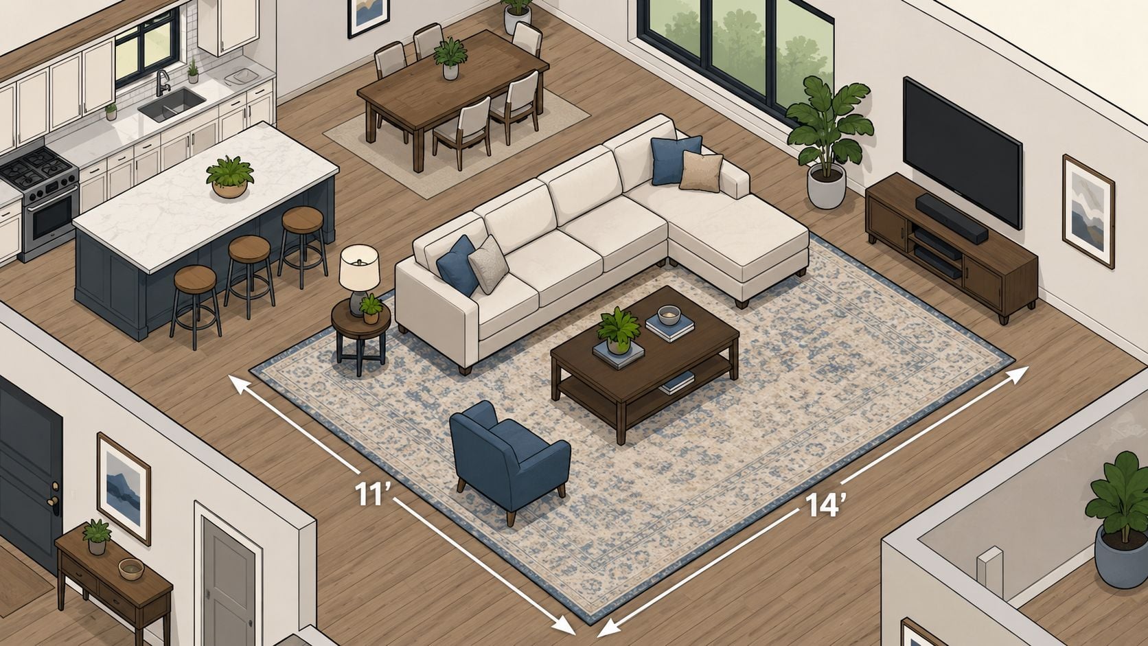 An interior design illustration showcasing an open-plan living room featuring an 11x14 area rug underneath furniture.