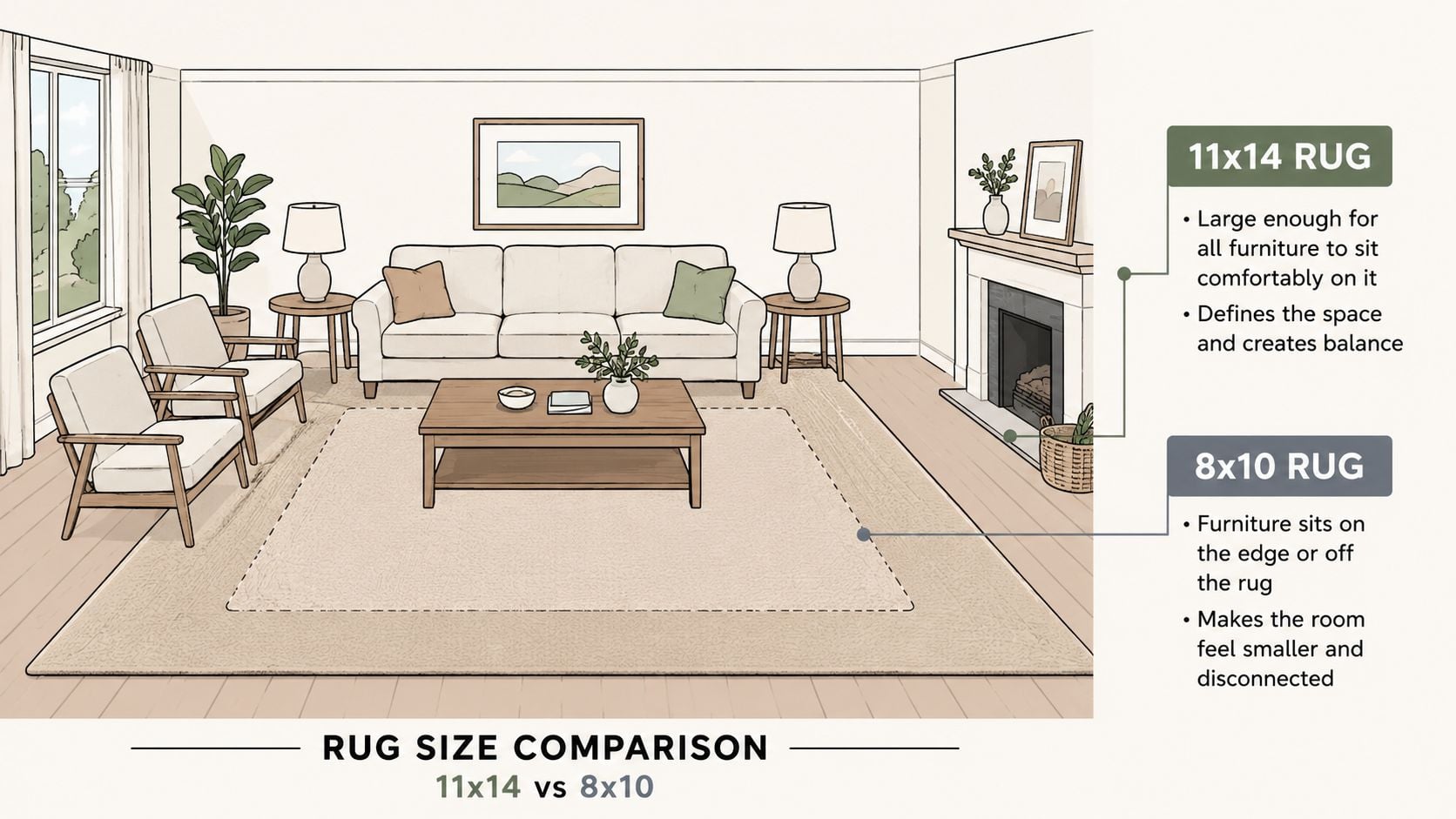 A diagram comparing 11x14 and 8x10 rug sizes in a living room setup for interior design advice.