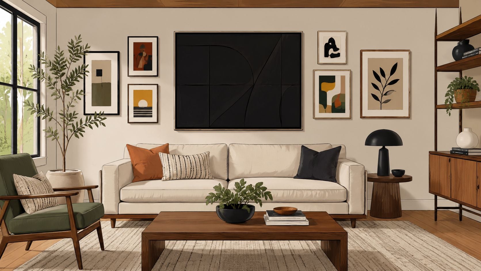 A modern living room featuring a cream sofa, a coffee table, and a large black wall decor piece.