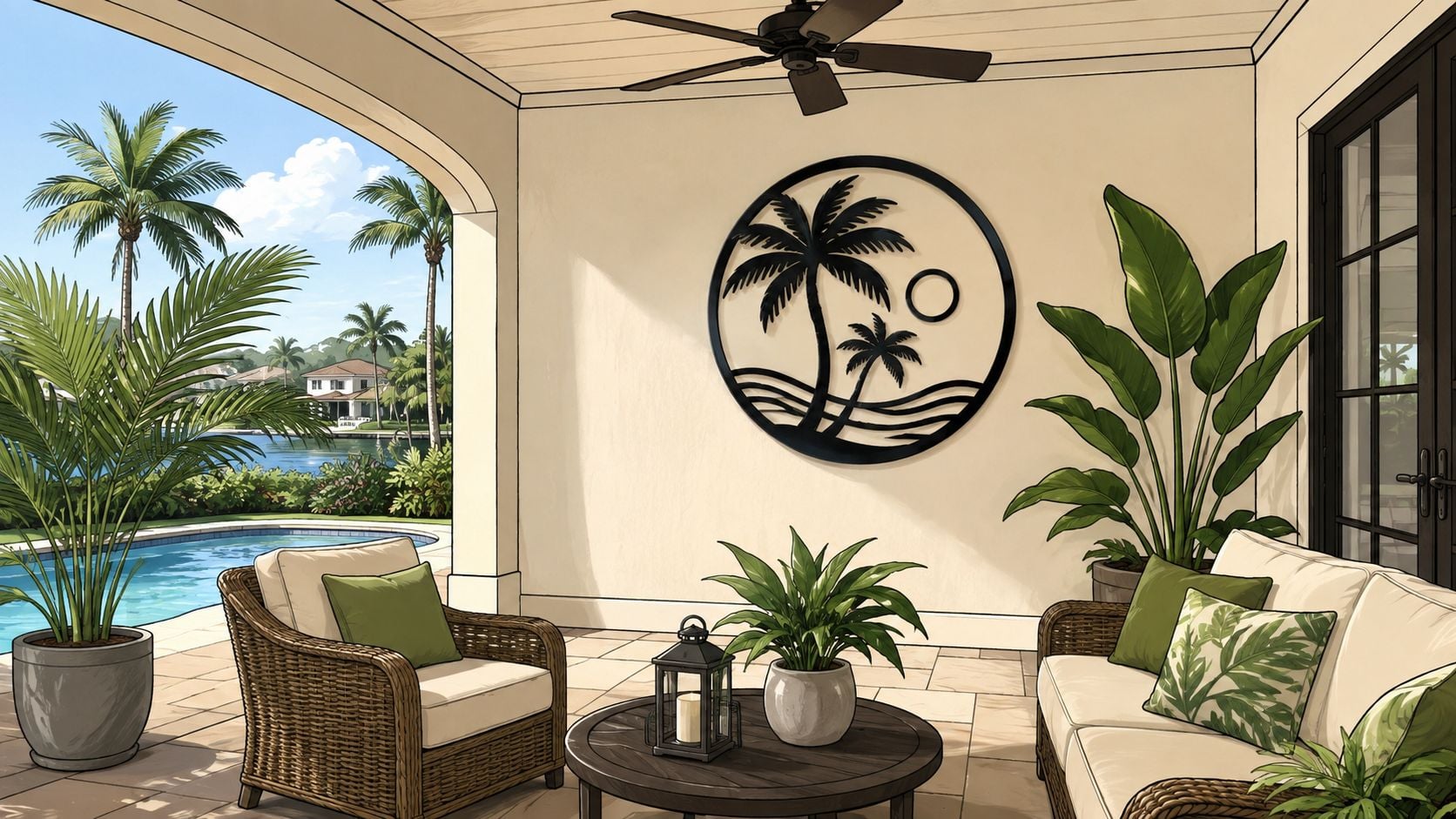 A luxurious outdoor patio featuring comfortable wicker furniture, lush tropical plants, and elegant black wall decor.