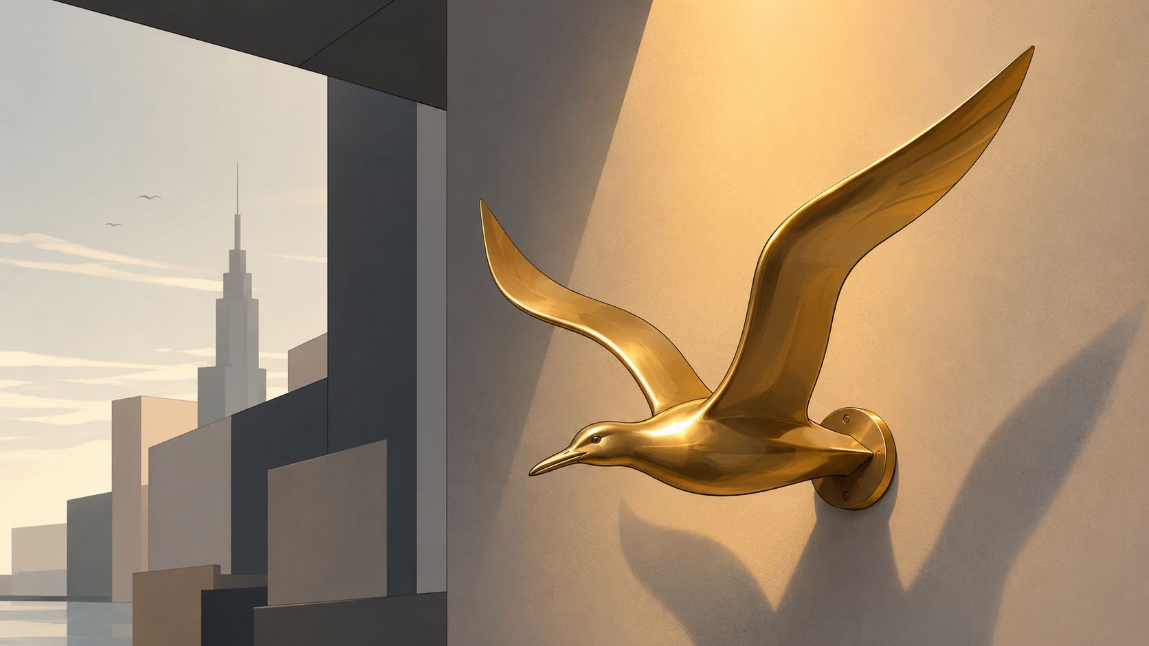 A minimalist brass seagull sculpture mounted on an indoor wall with a modern cityscape in the background.