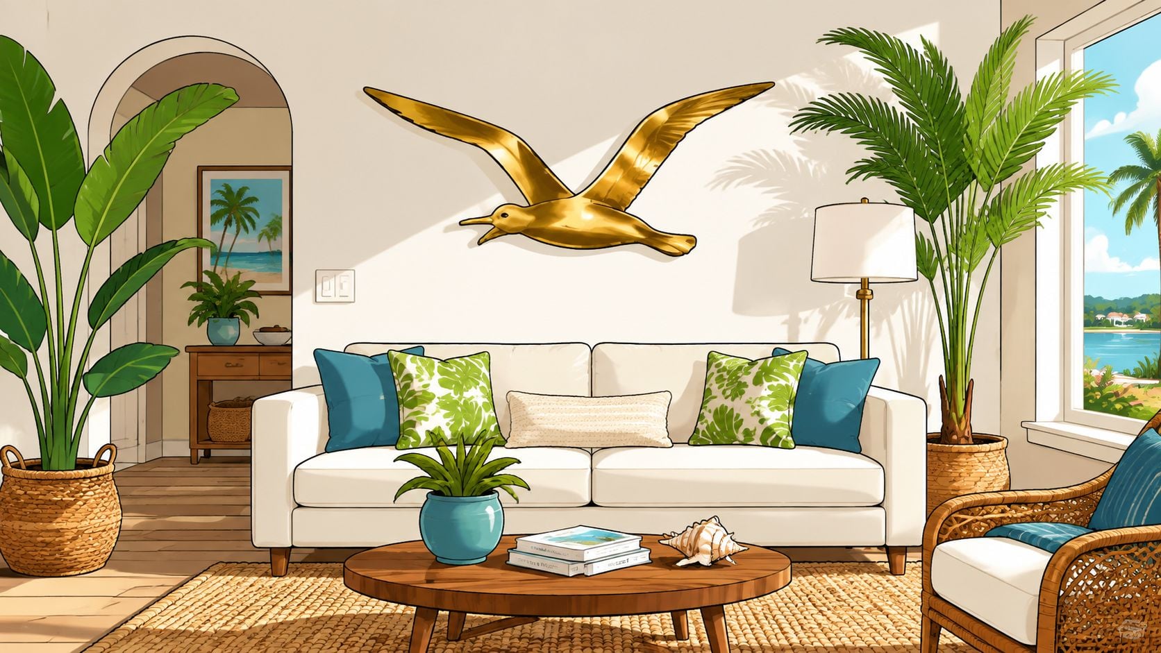 A coastal living room features a large gold brass seagull wall decor above a white sofa.