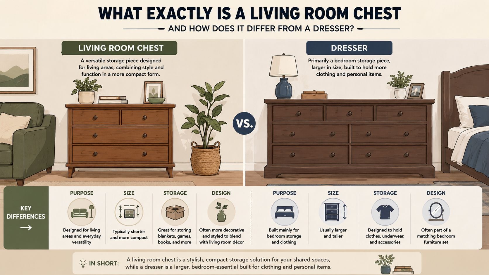 An infographic comparing a compact living room chest and a large bedroom dresser with key differences explained.