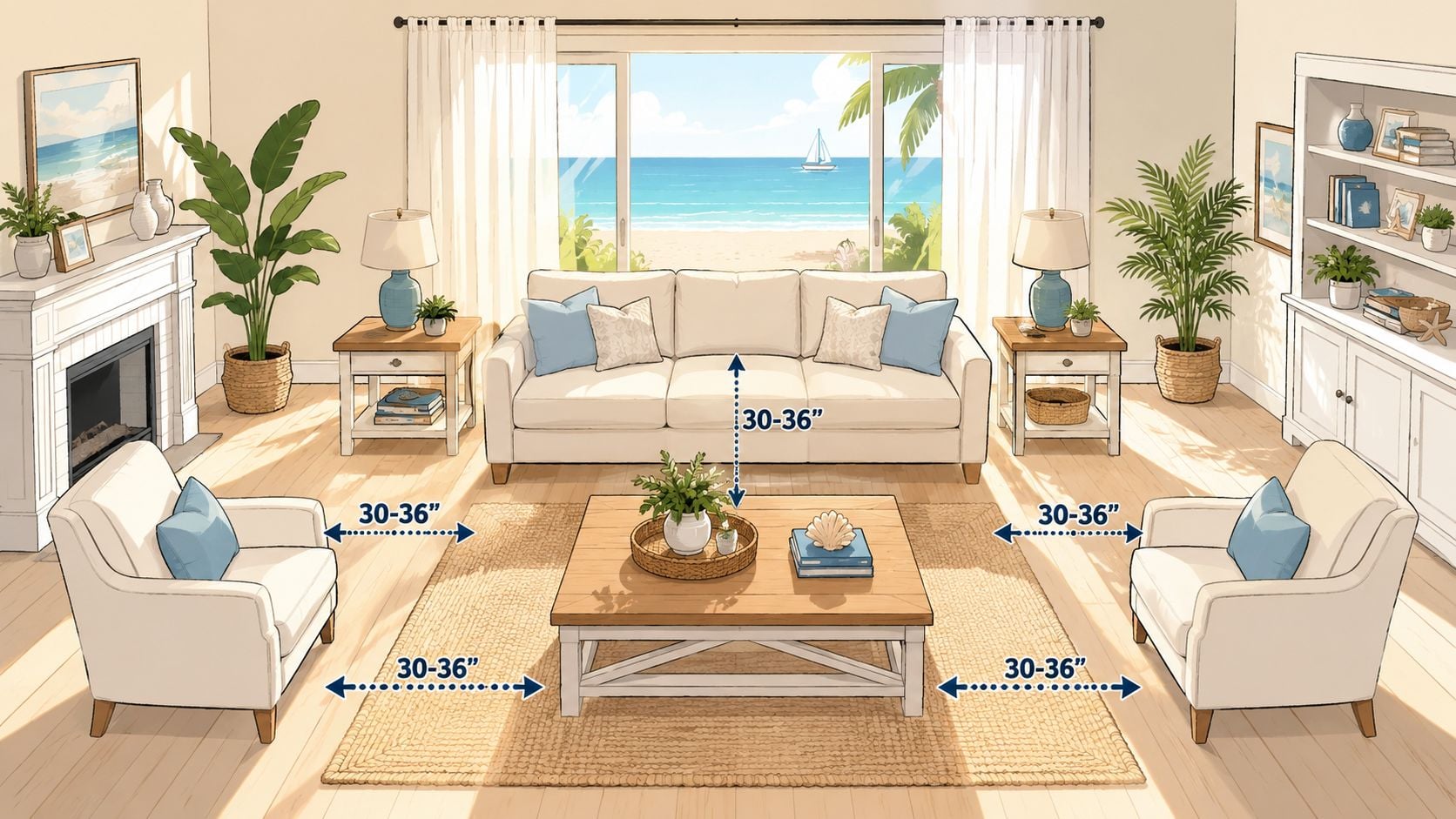 A coastal living room layout guide showing ideal 30-36 inch spacing between furniture pieces for a balanced design.