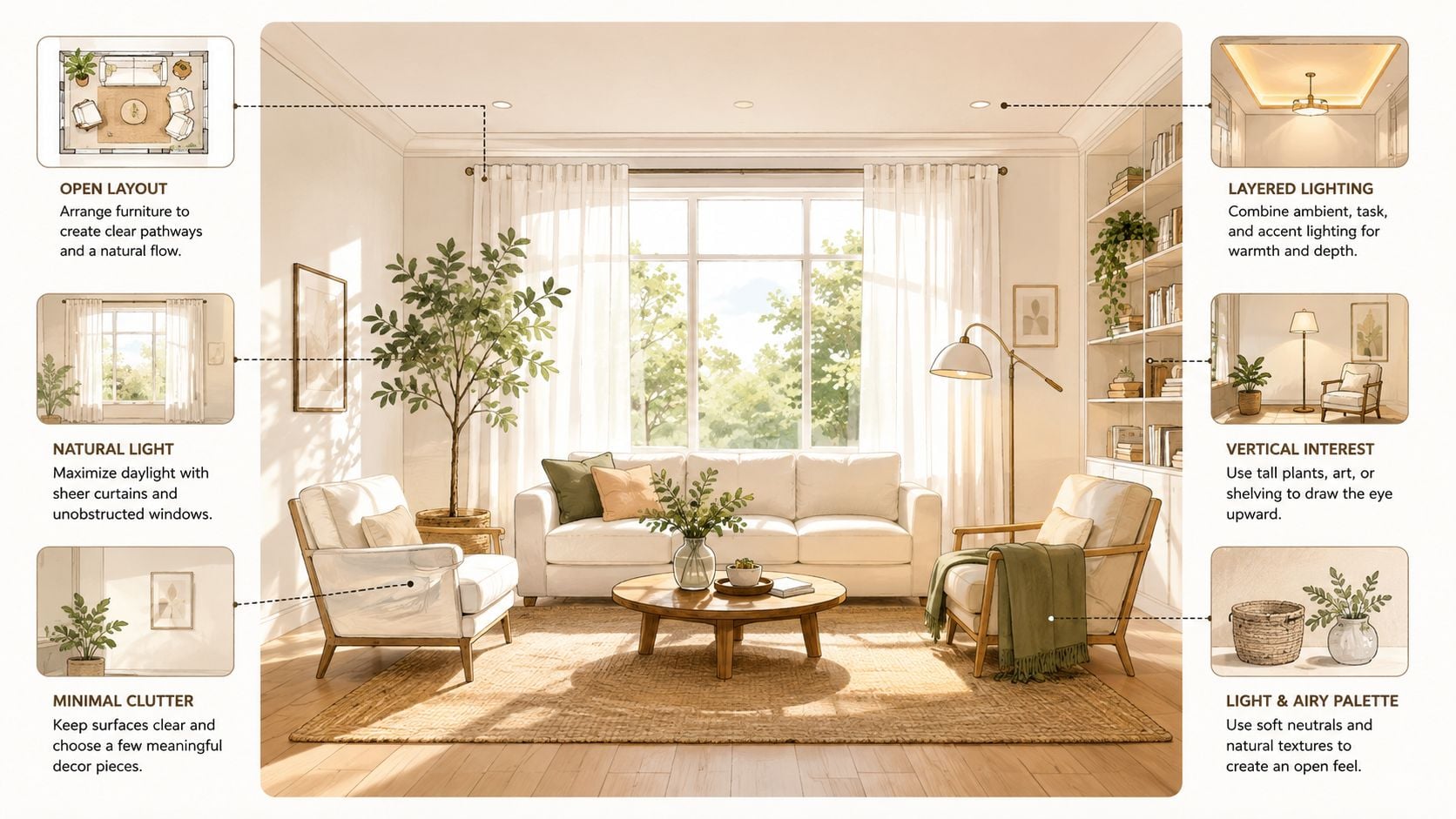 An illustrated interior design guide showing a bright coastal style living room with cozy furniture and decor.
