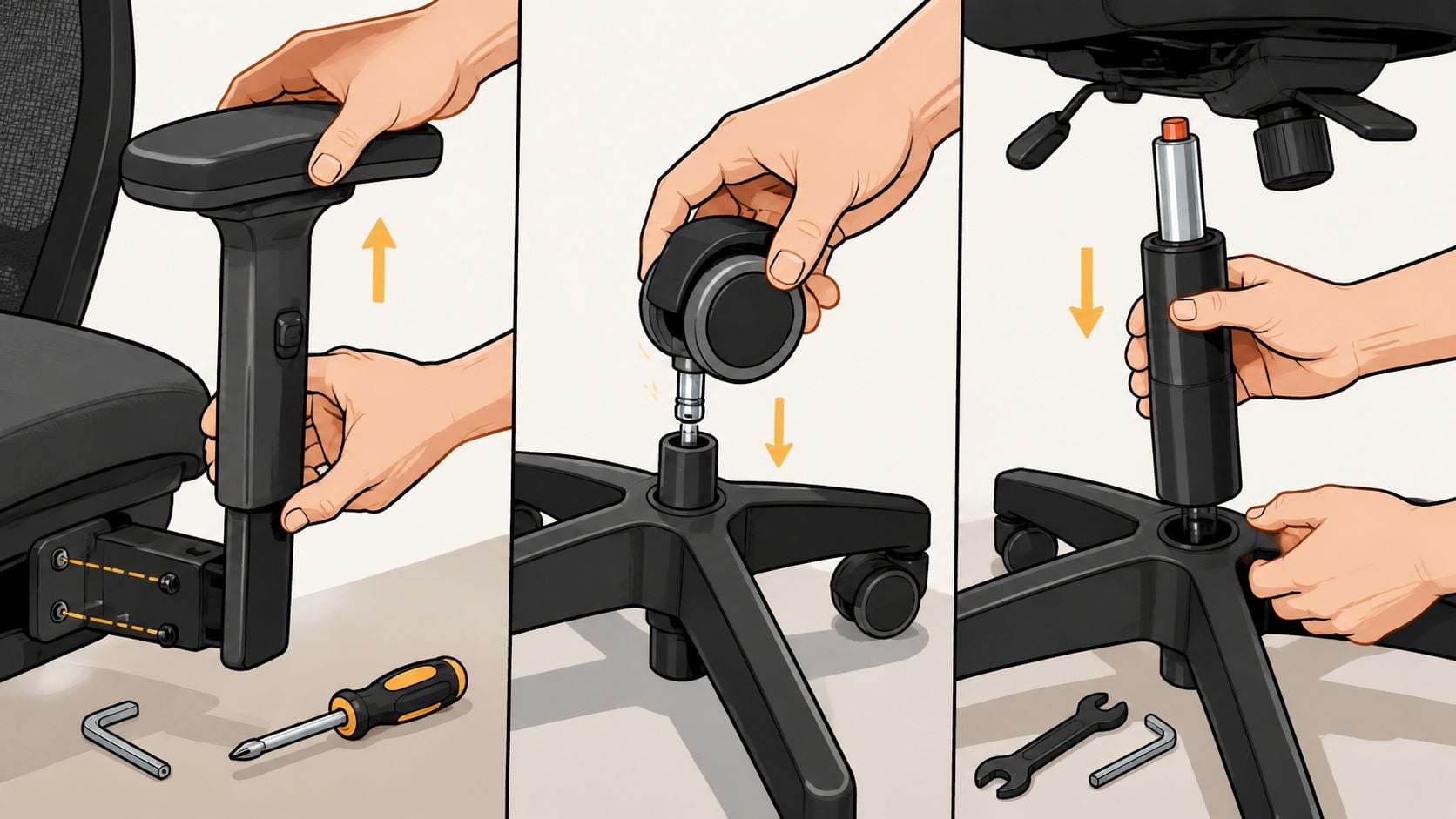 A three-panel illustration showing steps to assemble or customize an office chair, including attaching parts.