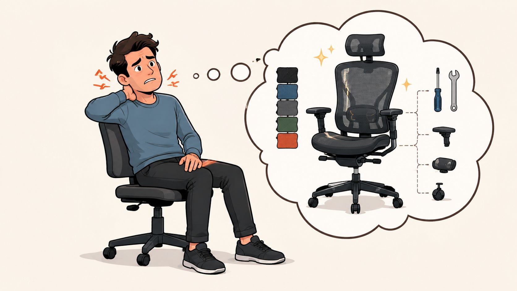 A man feeling back pain while sitting in a chair, imagining a customizable ergonomic office chair.