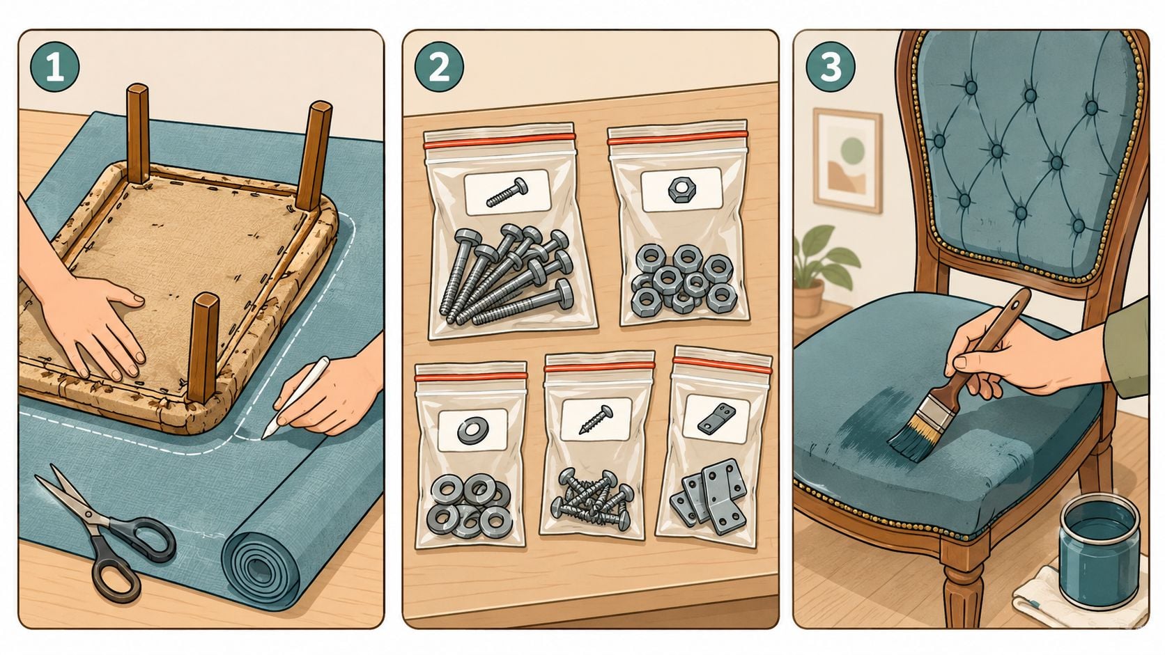 A three-step illustration showing the process of DIY reupholstery and customization of a wooden chair.