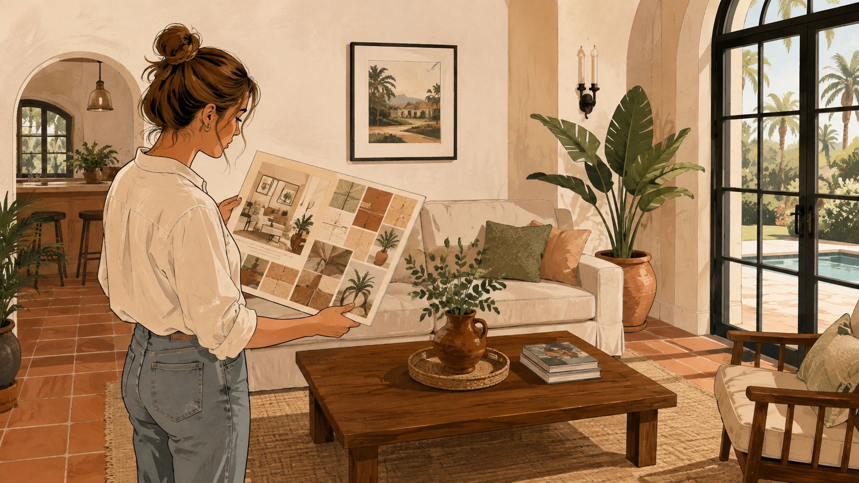 A woman holding a design mood board in a sunlit room decorated with Tuscan interior design elements.