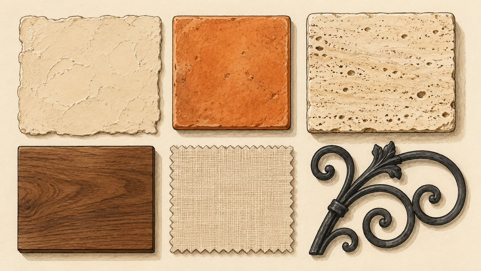 An illustration showcasing various Tuscan-style interior design material samples, including stone, terracotta, wood, fabric, and wrought iron.