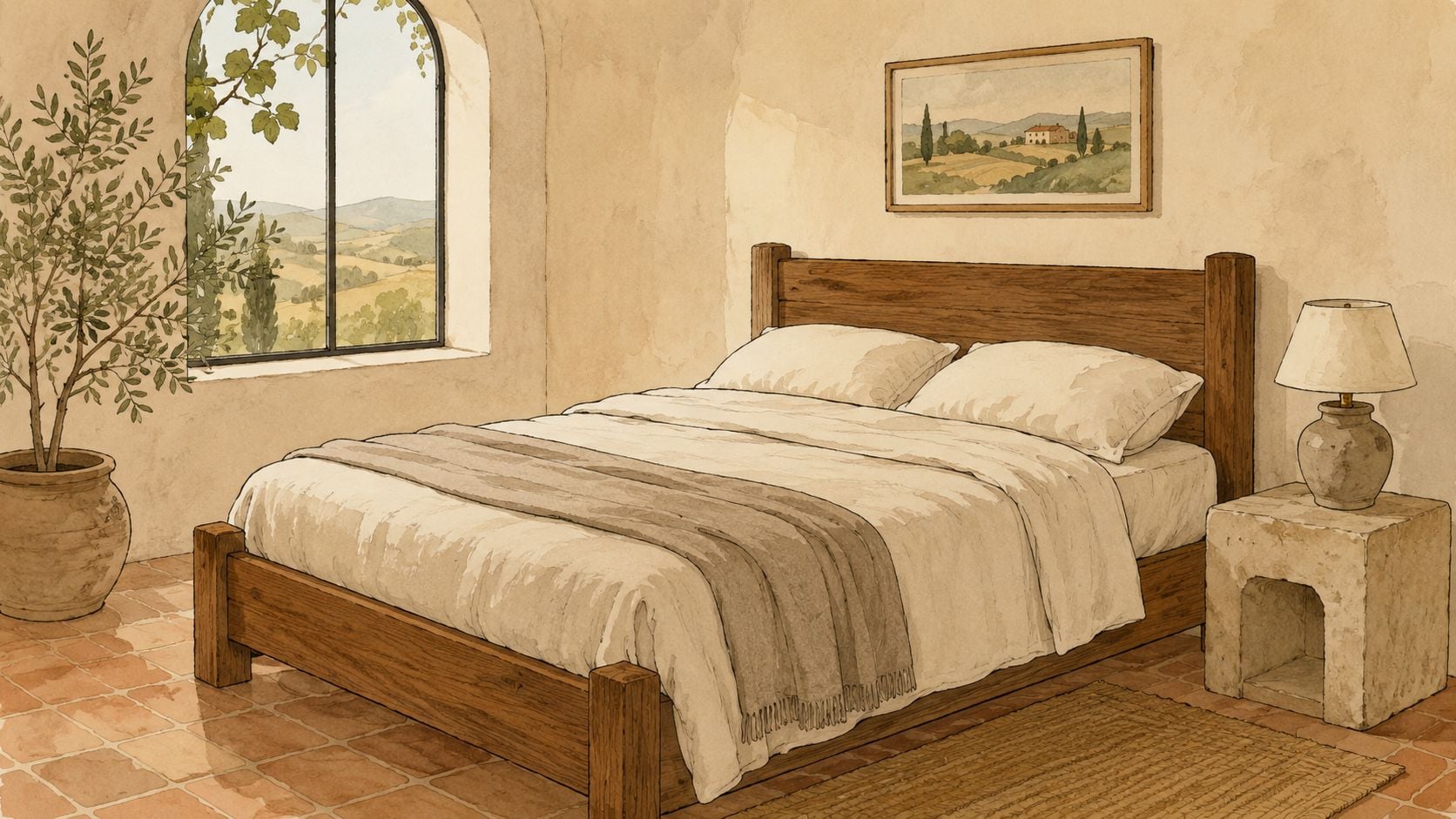 A cozy bedroom with a rustic wooden bed, warm beige linens, and a scenic Tuscan countryside view.