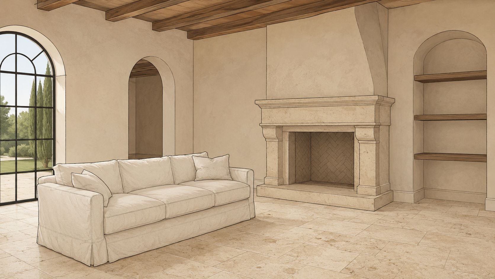 A serene Tuscan style living room featuring a beige slipcovered sofa, stone fireplace, and arched window.