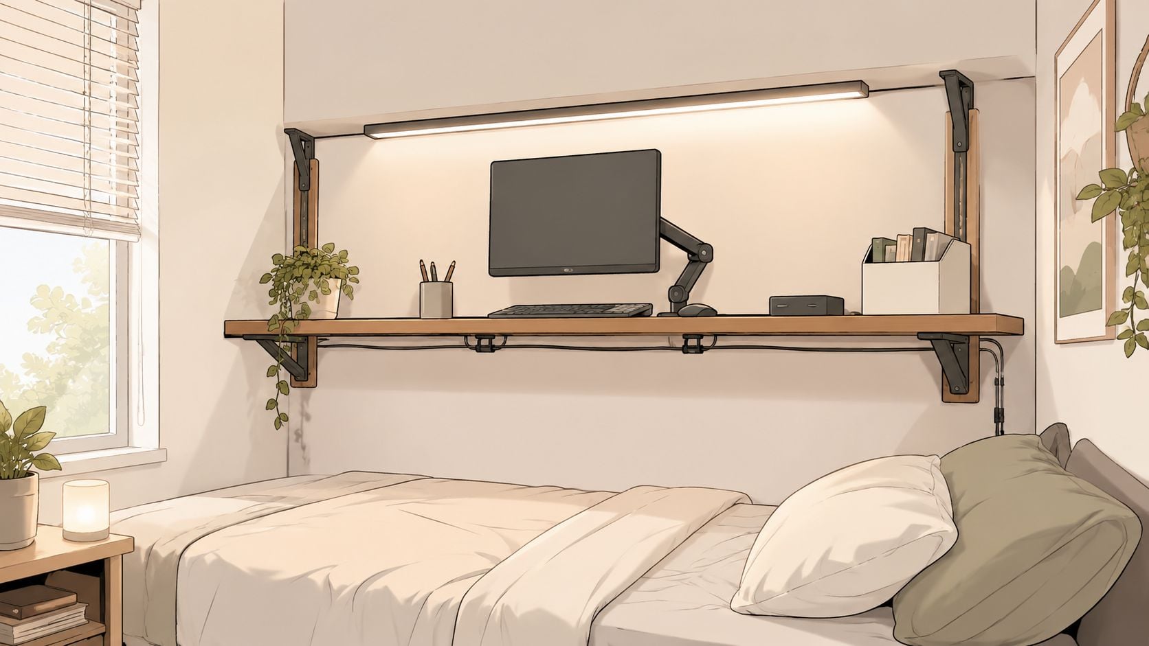 A minimalist bedroom featuring a space-saving wall-mounted desk above a cozy bed, perfect for small apartments.
