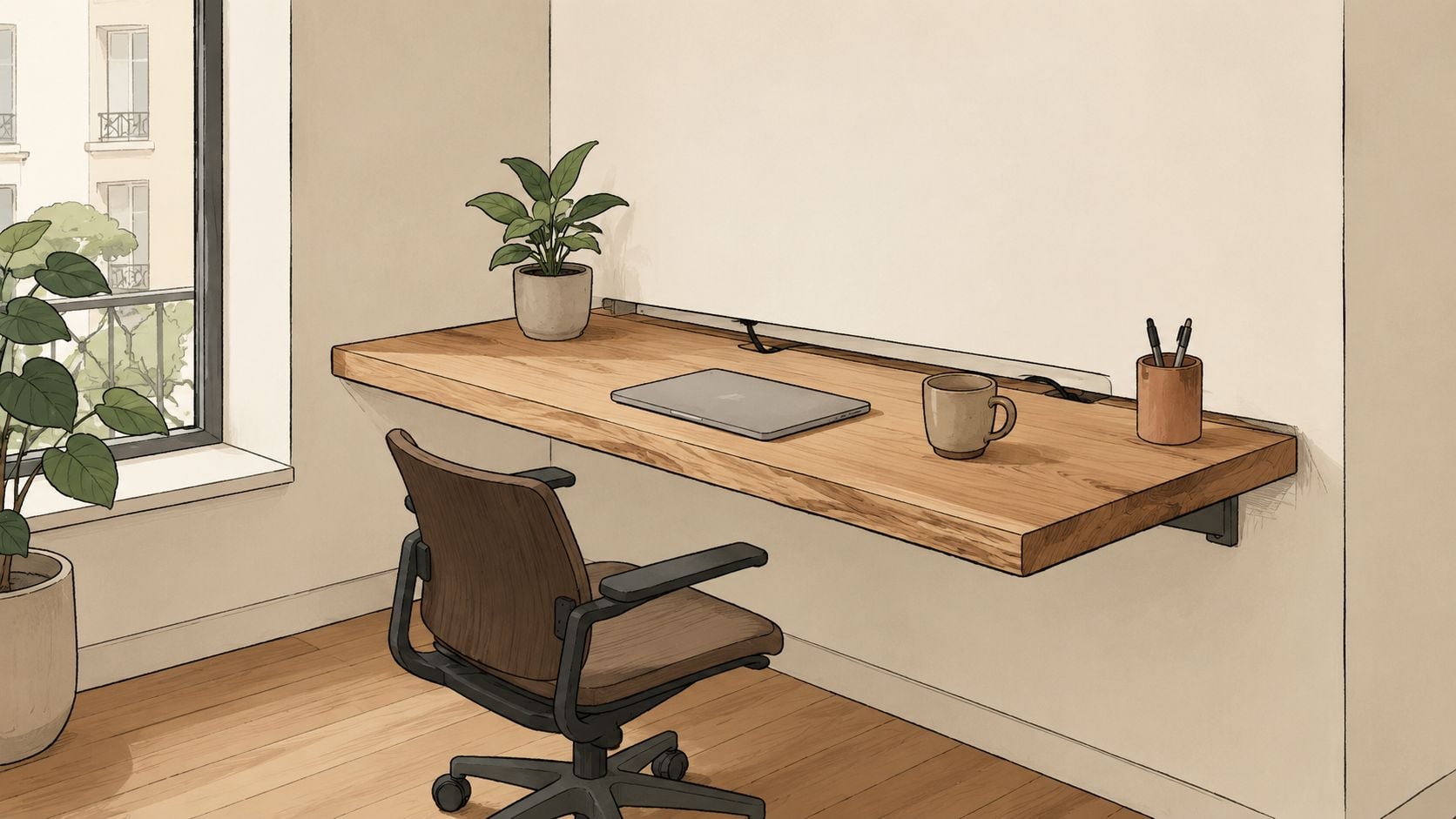 A minimalist wooden wall-mounted desk in a cozy room with a plant, laptop, and office chair.