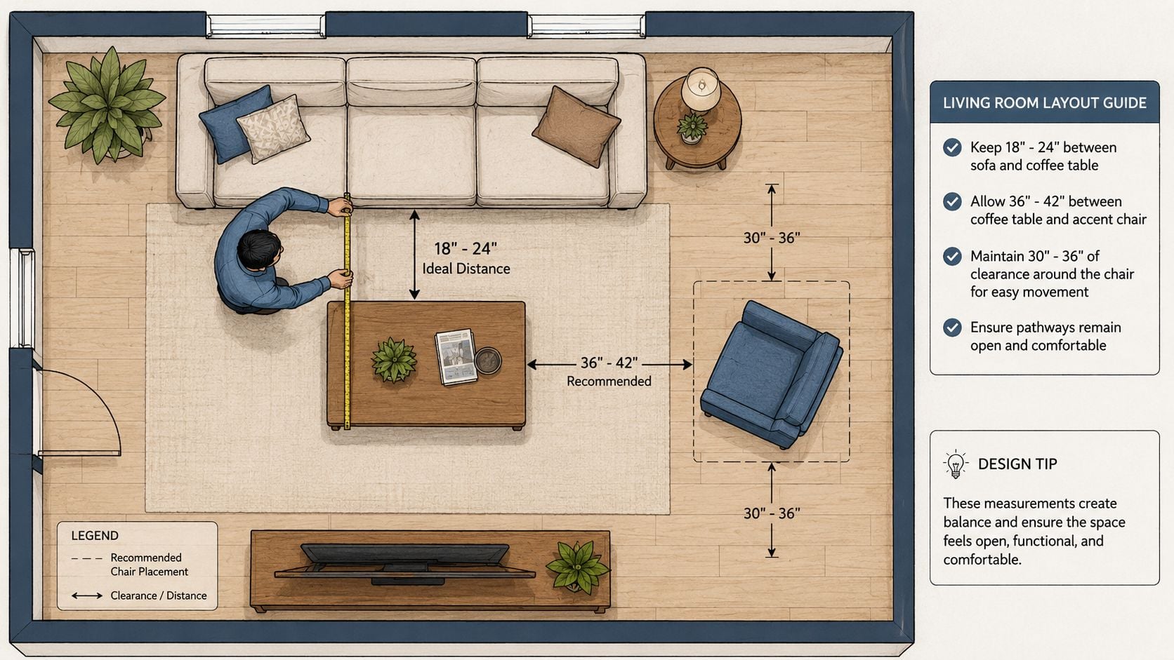 A top-down architectural floor plan illustrating ideal spacing and layout dimensions for living room furniture arrangements.