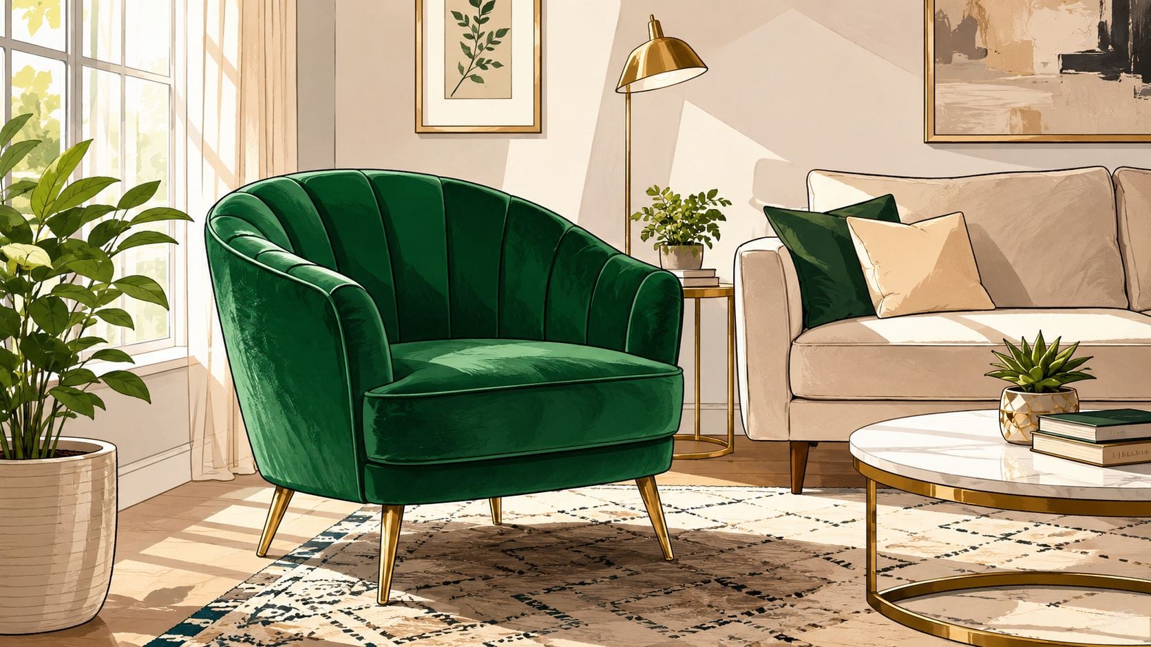 A modern living room featuring a luxurious velvet emerald green accent chair with gold legs near a sofa.