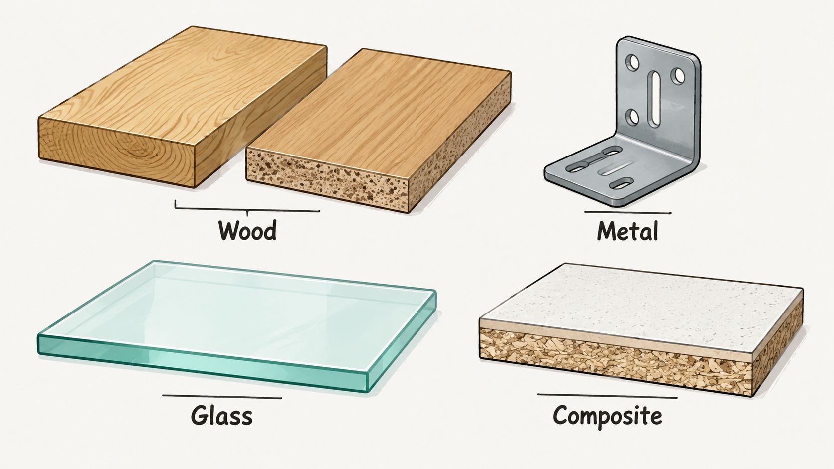 An illustration showing four different material types: wood, metal, glass, and composite for building furniture.