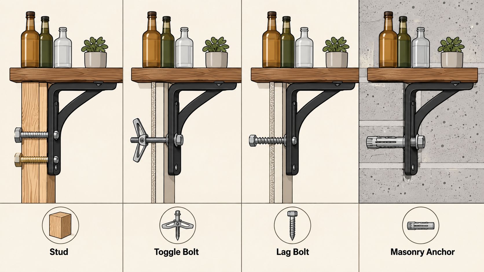 A diagram illustrating four different methods for mounting a wooden shelf to various wall materials and structures.