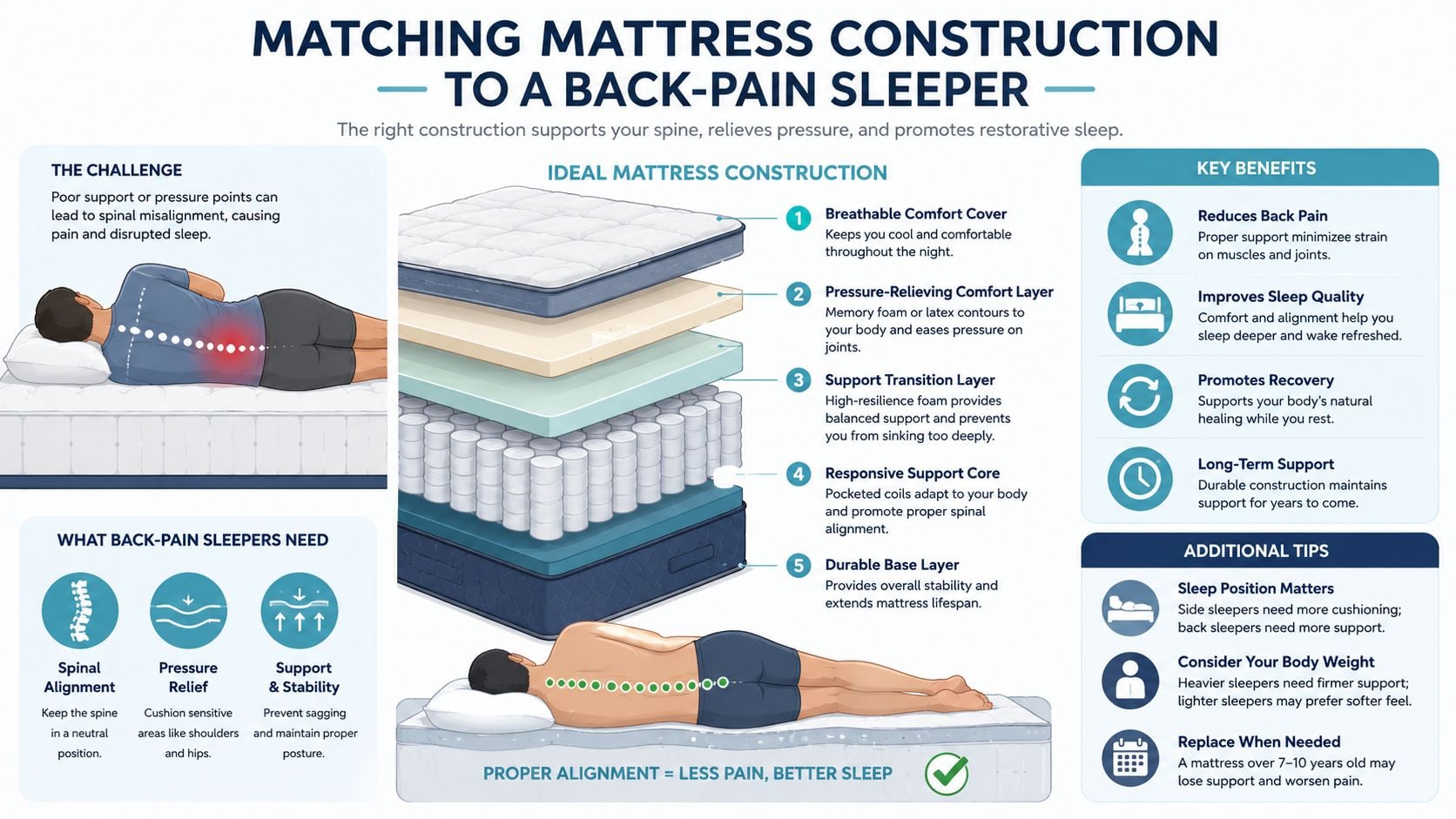 A diagram explaining how mattress construction layers support the spine to alleviate back pain while sleeping.