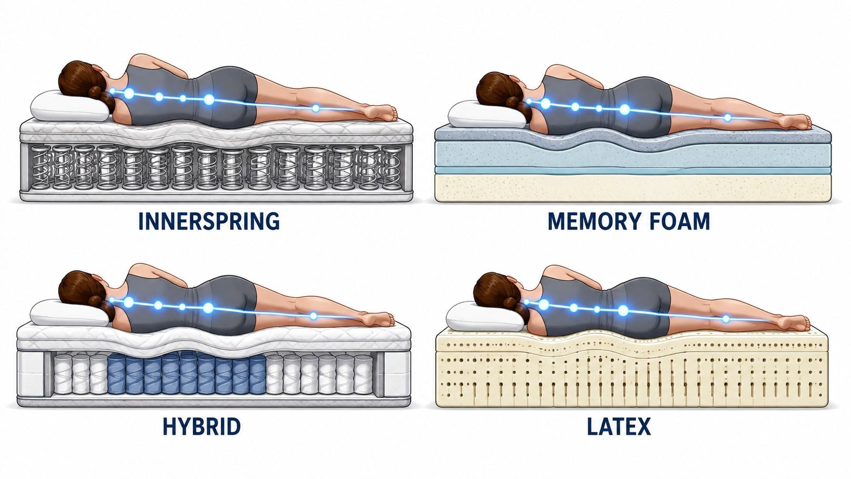 An illustration comparing how four different mattress types, innerspring, memory foam, hybrid, and latex, support the spine.
