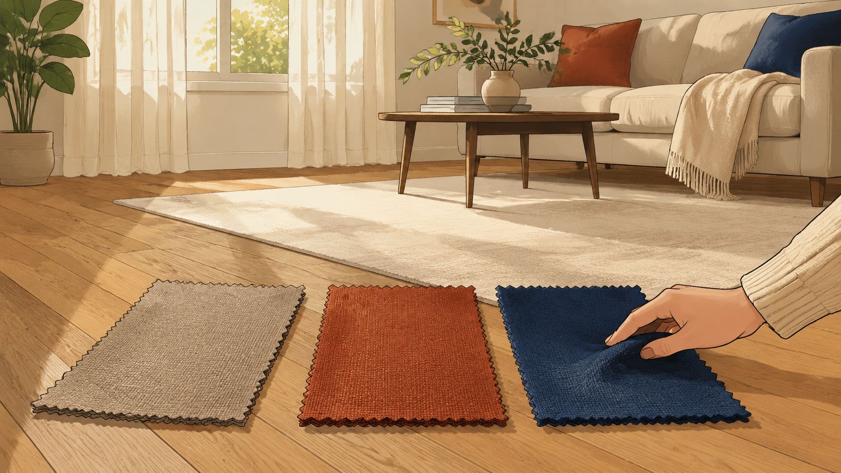 A hand selecting a fabric swatch on a wooden floor in front of a modern living room