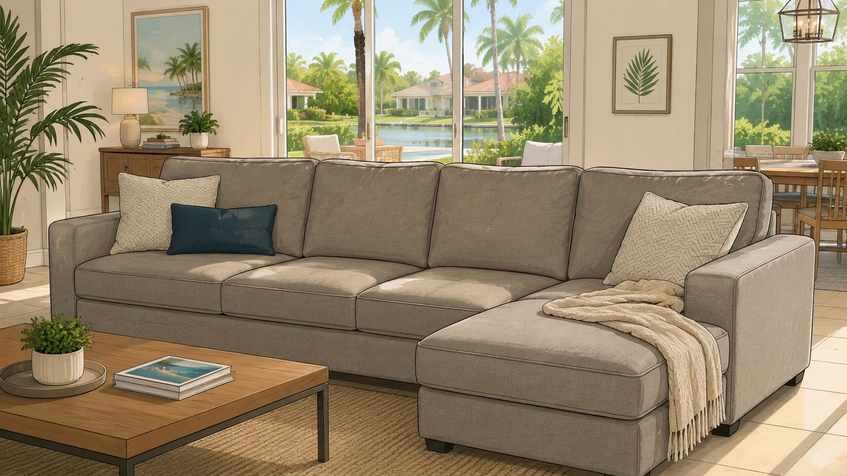 A neutral gray sectional sofa with throw pillows and a blanket in a bright, modern living room.