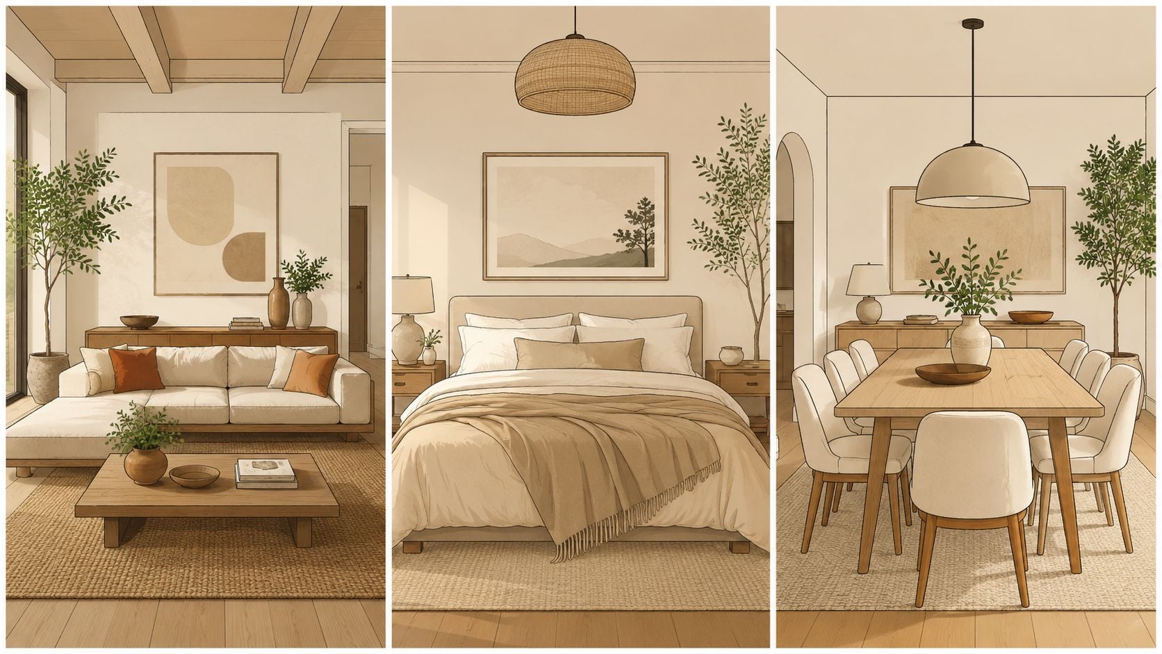 Three panels showing minimalist neutral interior designs for a living room, bedroom, and dining area.