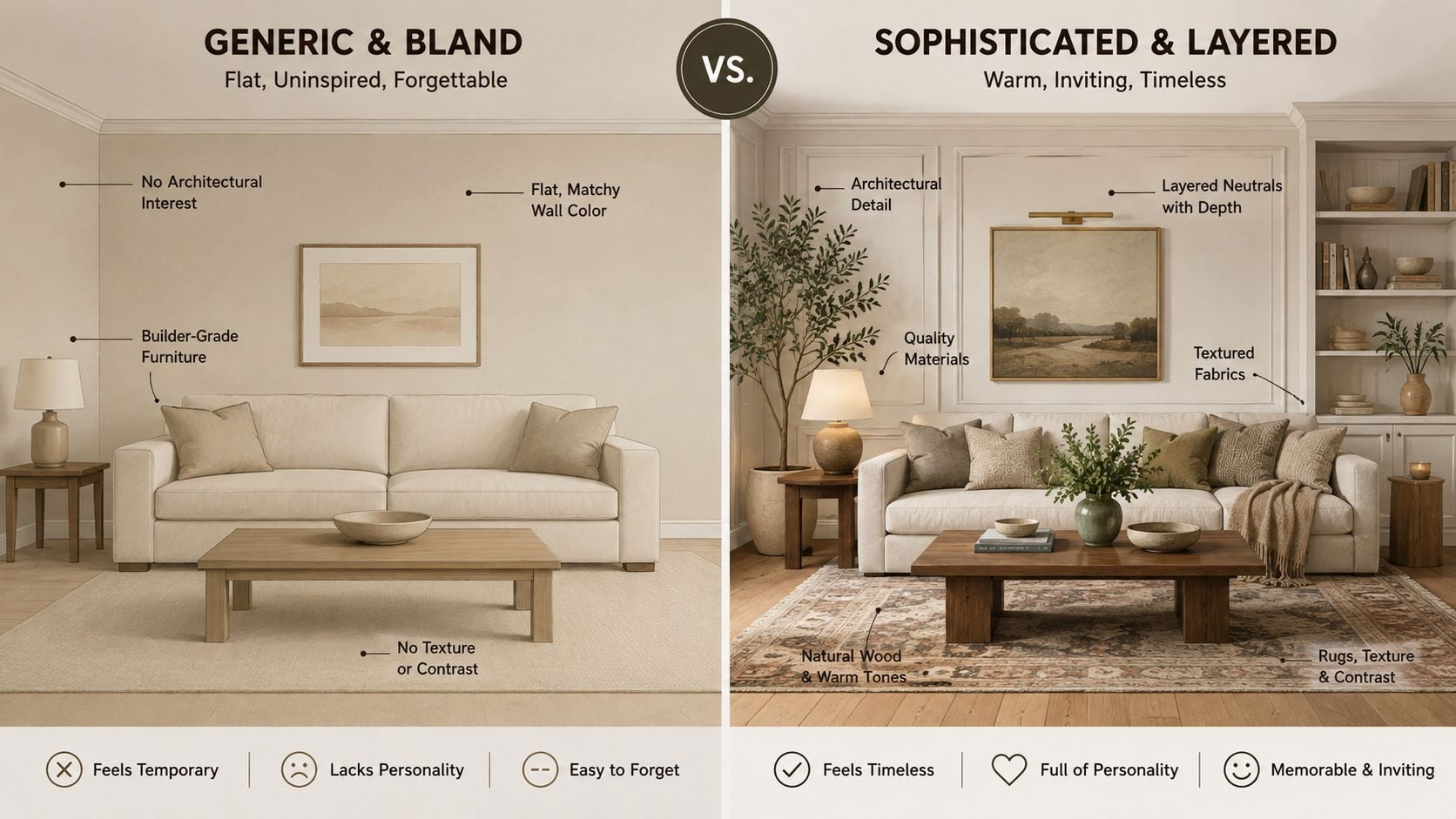 A split image comparison showing a generic, bland living room design versus a sophisticated, layered, and inviting space.