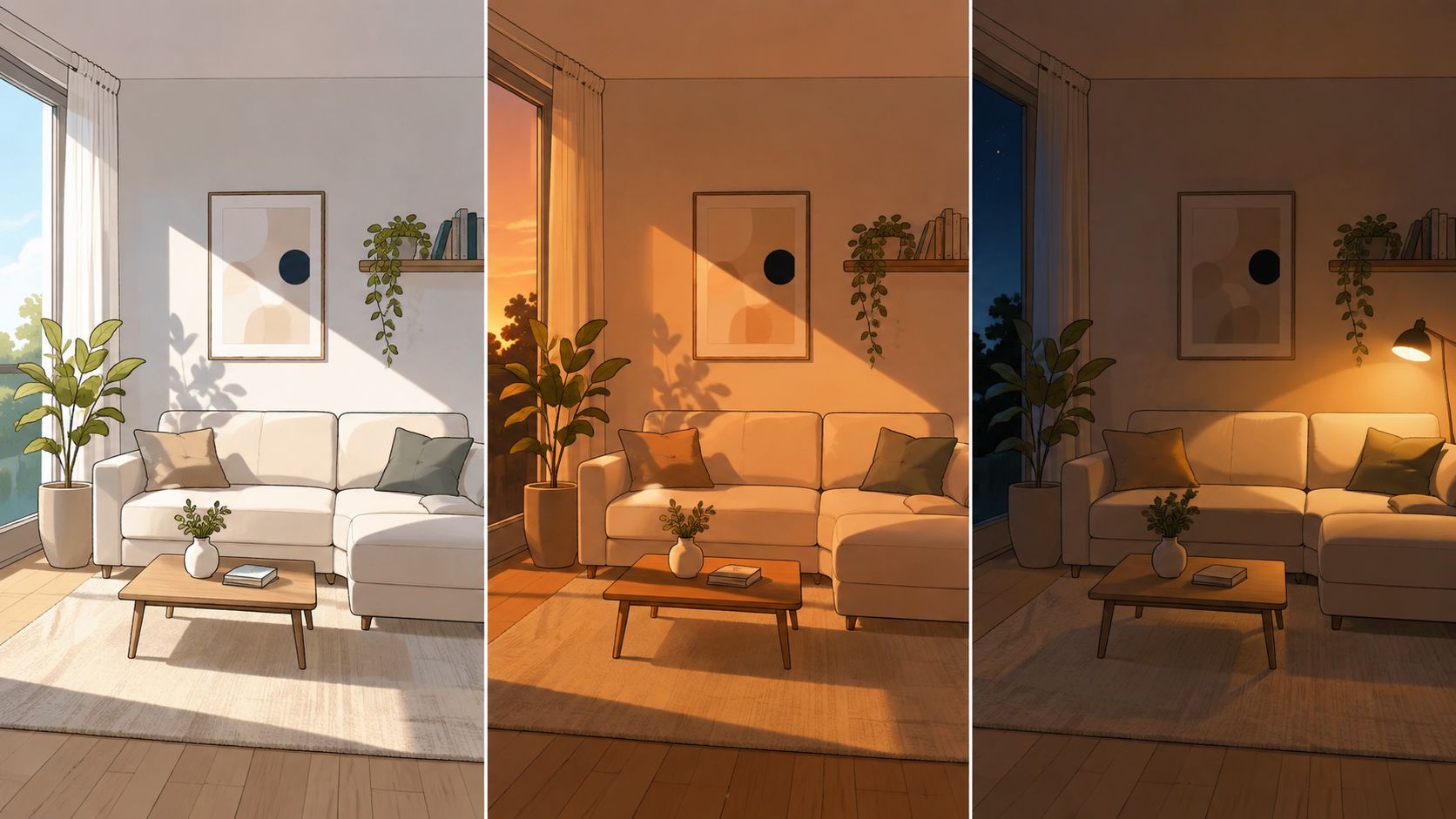 A triptych showing the same cozy living room interior design during daylight, sunset, and nighttime settings.