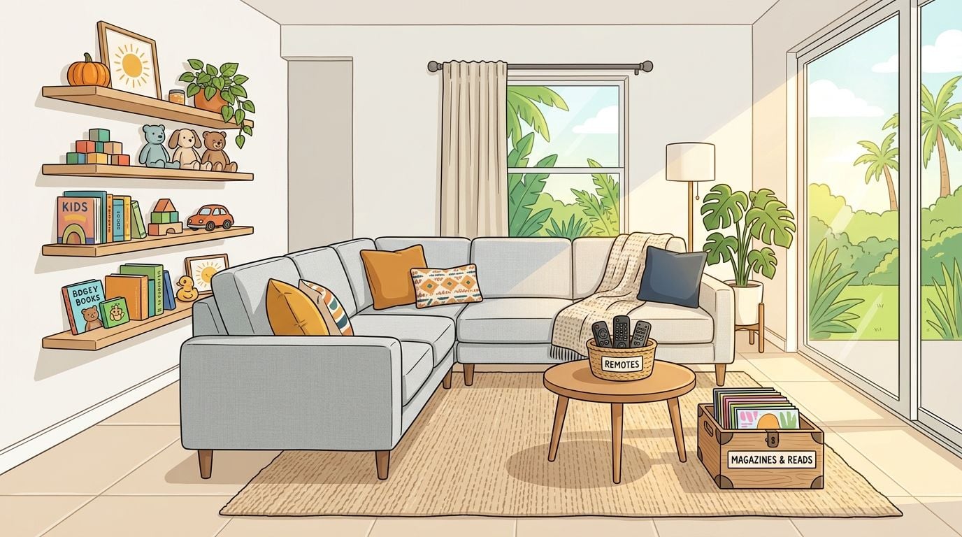 A cozy, sunlit living room featuring organized shelves, a comfortable sectional sofa, and stylish storage solutions.