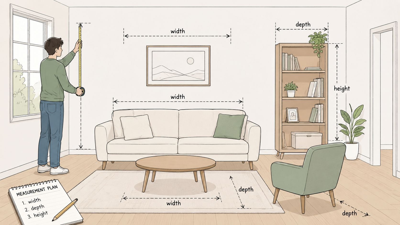 A person measuring a wall with a tape measure inside a living room with furniture.