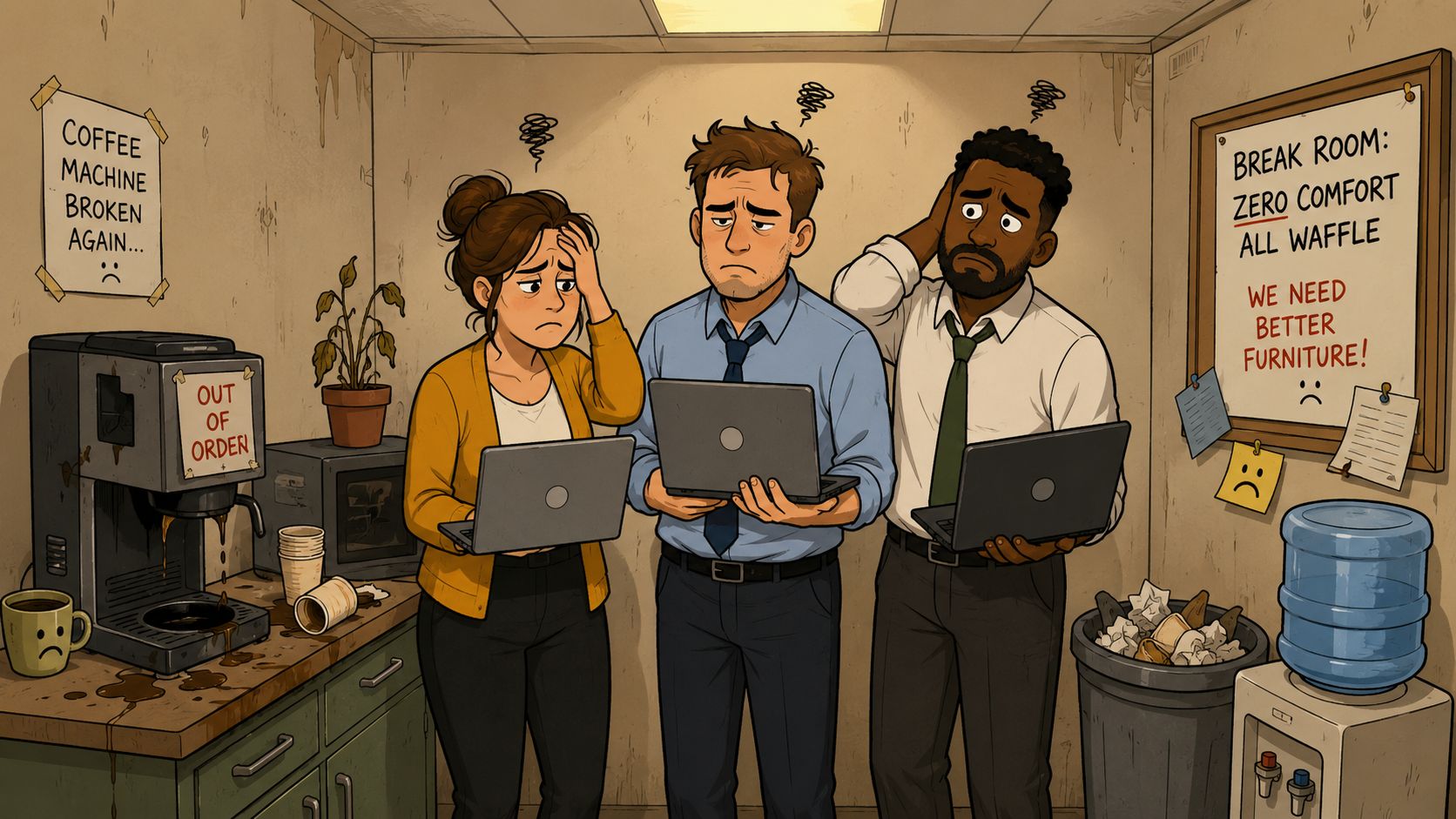 Three frustrated office workers holding laptops while standing in a messy, poorly furnished break room.