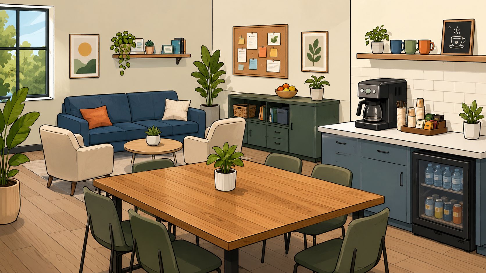 A modern office break room featuring a blue sofa, cozy armchairs, a wooden conference table, and coffee station.