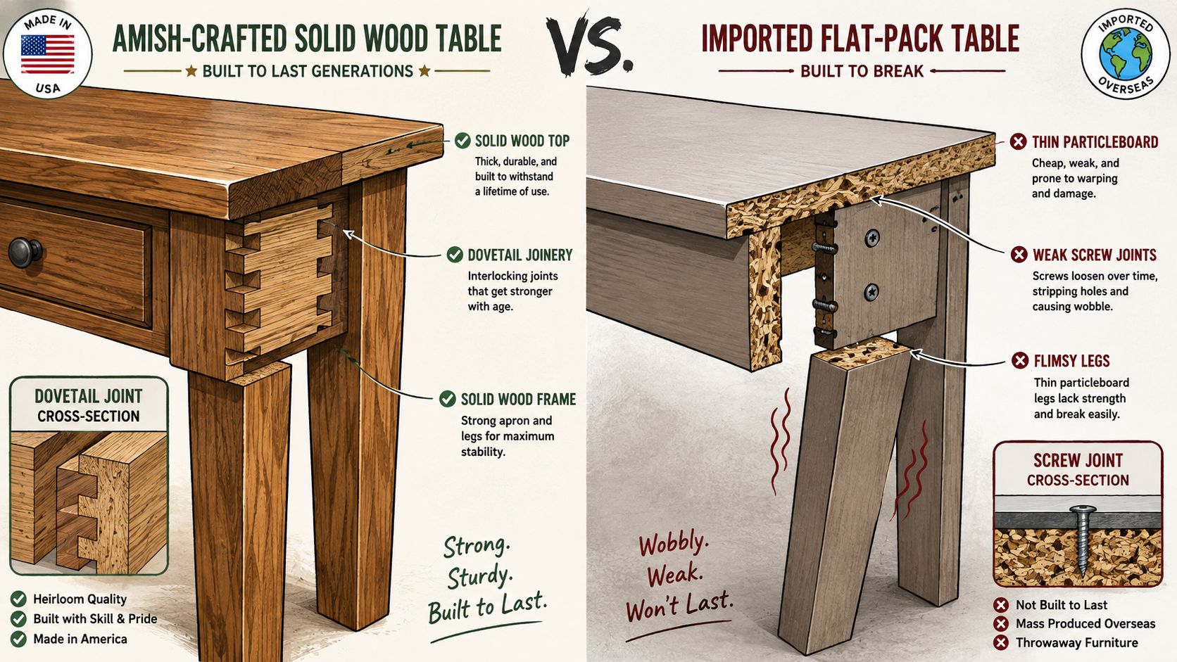 A comparison illustration showing the construction quality difference between Amish-crafted solid wood tables and imported flat-pack furniture.