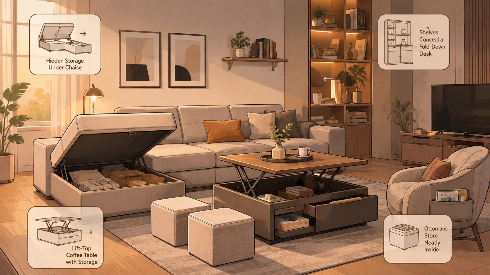A modern living room featuring space-saving furniture including a storage chaise, lift-top coffee table, and fold-down desk.