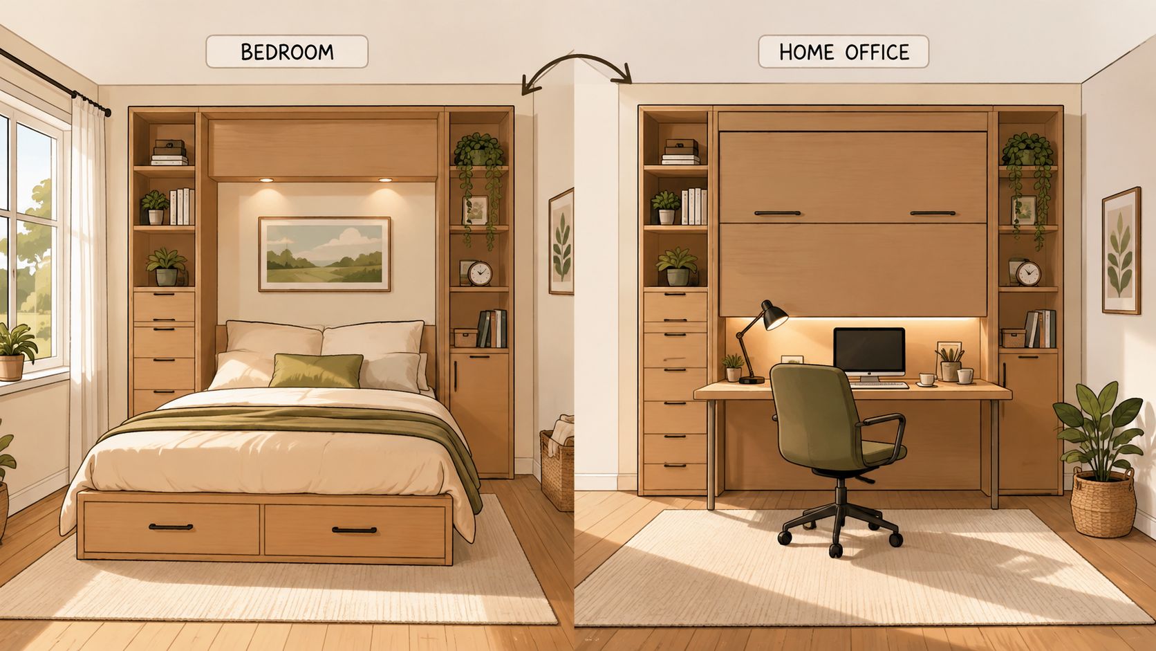A dual-purpose furniture unit transforming from a bedroom with a bed into a home office workspace.