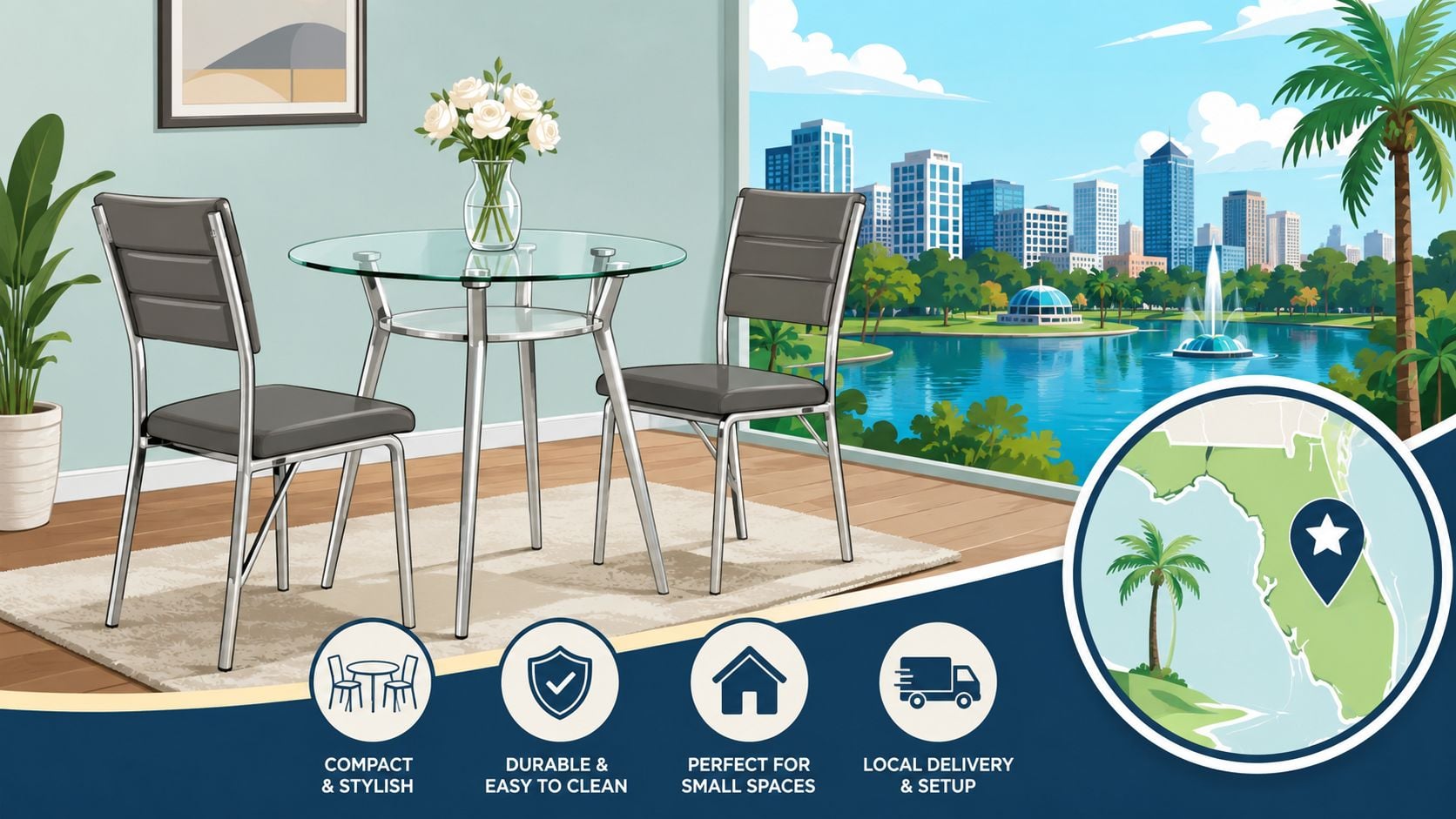 A modern glass dining table with two grey chairs set against a scenic city and lake background.
