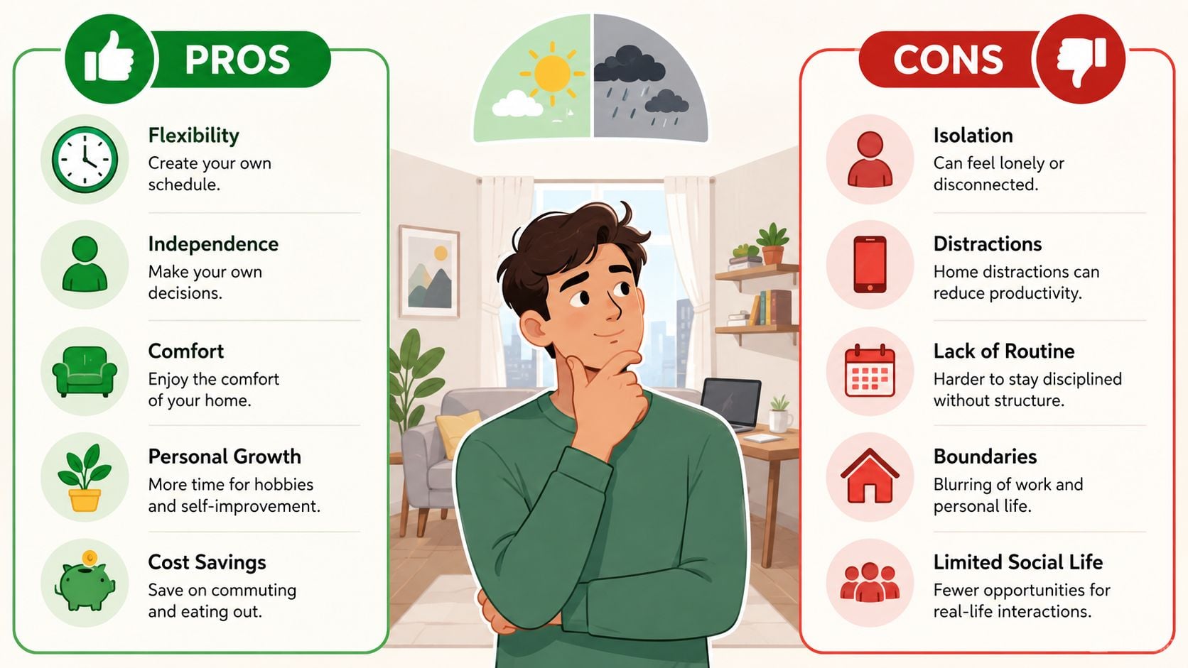An infographic comparing the pros and cons of working from home with a person thinking in the middle.