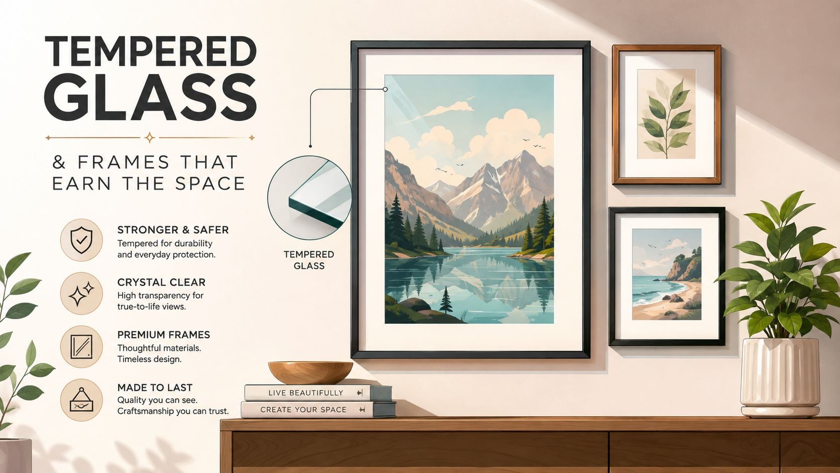 Decorative framed mountain landscape wall art featuring durable tempered glass for clear, safe, and premium display.