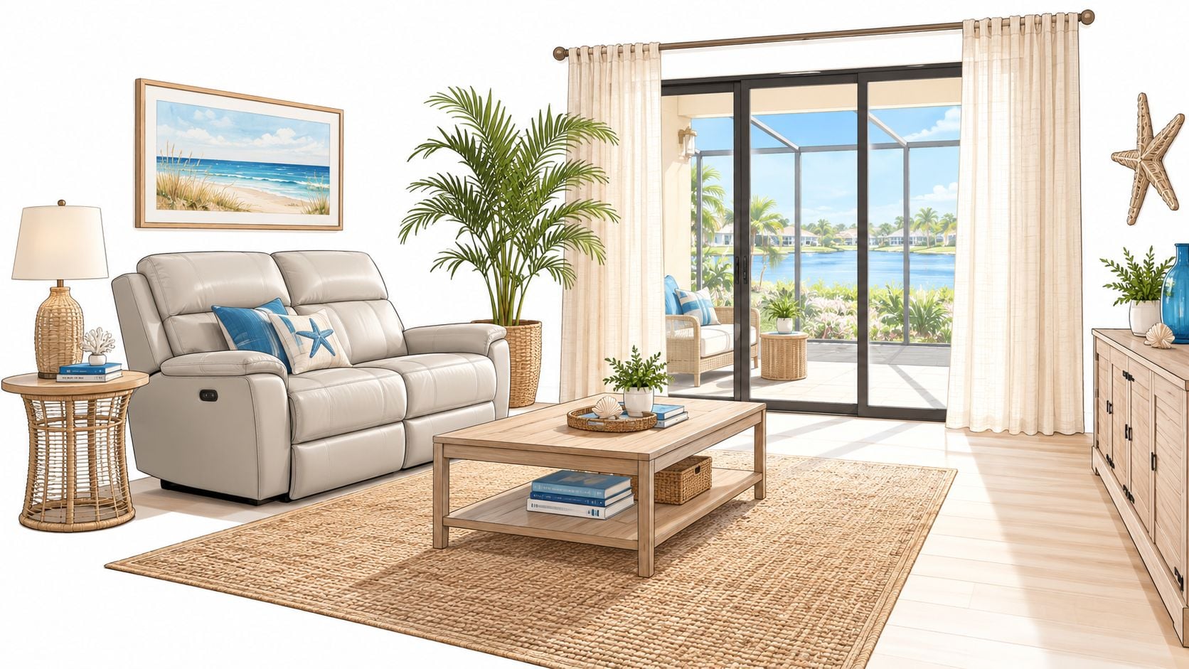 A coastal themed living room featuring a comfortable two-seater reclining sofa, woven accents, and a beach view.