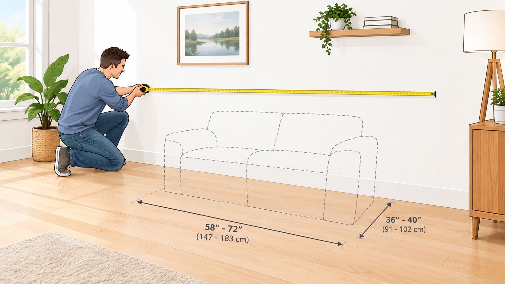 A man measuring a wall space for a two seater sofa with a measuring tape.