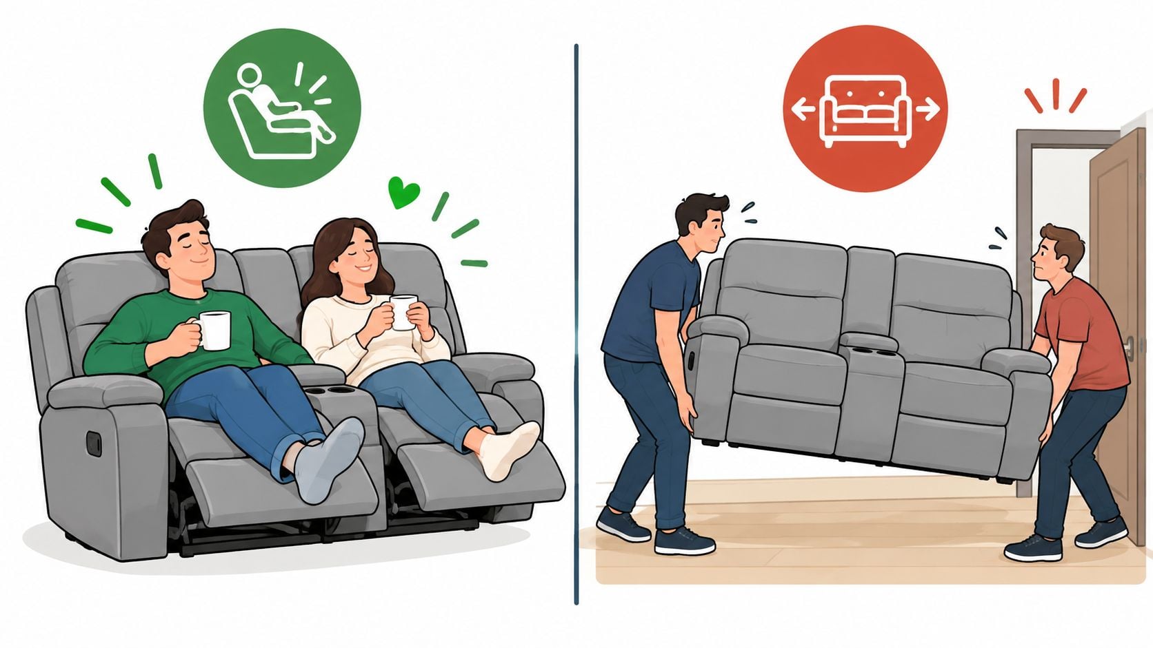 A split illustration comparing a couple relaxing on comfortable gray reclining sofas with two men moving a sofa.