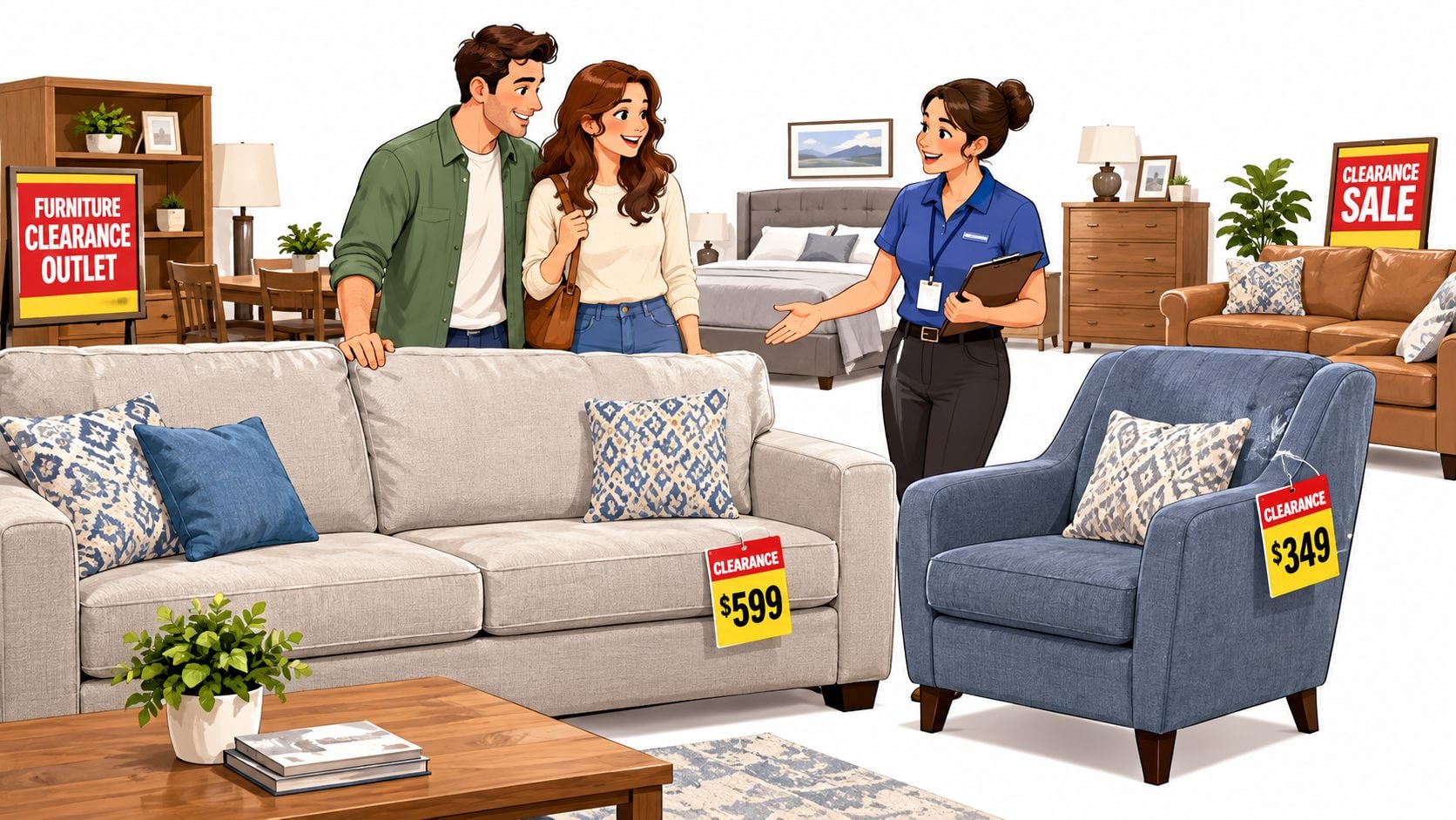 An illustration of a couple and a sales associate discussing furniture in a clearance outlet section.