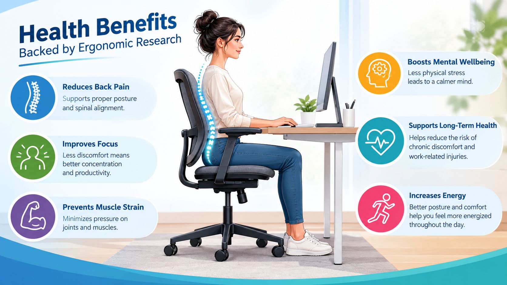 A woman sitting on an ergonomic office chair showing health benefits for proper spinal posture and alignment.