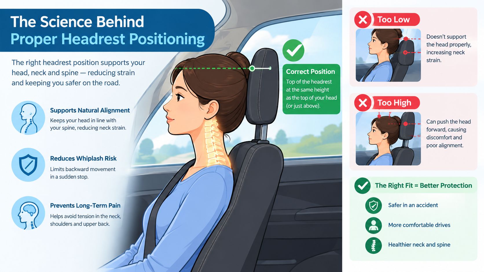 An infographic showing how to correctly position a car headrest for proper spinal alignment and safety.
